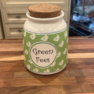 Tumbleweed Pottery Green and White Ceramic “Green Fees” Jar with Cork Lid.